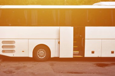 Turist otobüsü geziler için beyaz. Otobüs park yakınındaki bir park yerinde duruyor