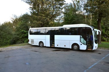 Turist otobüsü geziler için beyaz. Otobüs park yakınındaki bir park yerinde duruyor