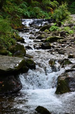 Yakın çekim görüntü dağ taş arasında su kısa streams şeklinde küçük bir vahşi şelale