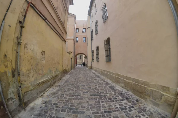 Narrow street with a path of paving stones. Passage between the old historical high-rise buildings in Lviv, Ukraine