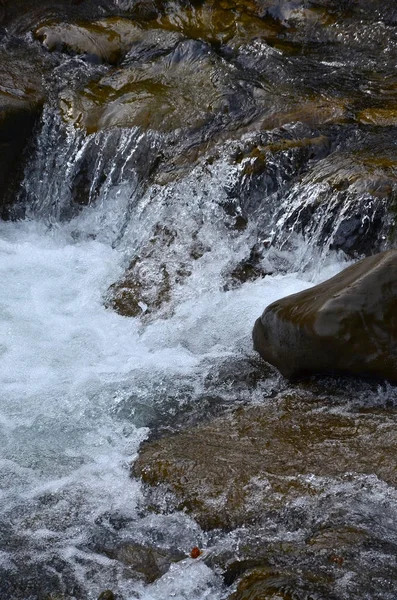 Крупный План Маленького Дикого Водопада Виде Коротких Потоков Воды Между — стоковое фото