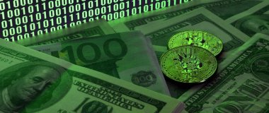 İki bitcoins yalanlar üzerine bir yığın para parlak yeşil sıfır ve bir çift değişkenli bir kod resmeden bir monitör arka plan üzerinde siyah bir zemin üzerine birimleri. Düşük anahtar aydınlatma