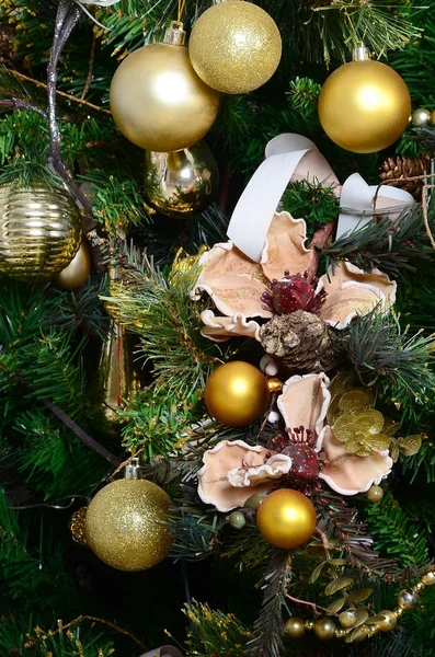 Decorating Christmas Tree Close Decoration Bulb Green Fir Tree Golden — Stock Photo, Image