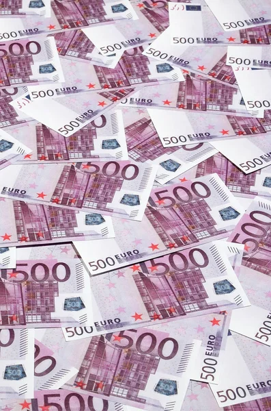 Geld Achtergrond Bestaande Uit Paars Vijfhonderd Euro Rekeningen Verspreid Het — Stockfoto