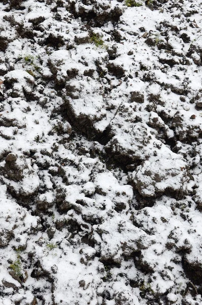 Textura Solo Coberto Com Uma Fina Camada Neve Solo Jardim — Fotografia de Stock