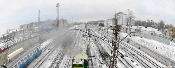 Paisagem Kharkiv Com Trilhos Ferroviários Perto Estação Ferroviária Sul Fisheye — Fotografia de Stock