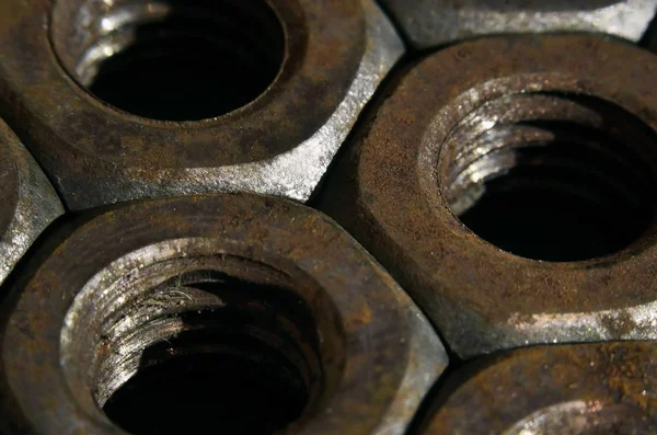 Closeup Pile Rusty Nuts Retro Industrial Concept — Stock Photo, Image