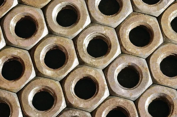 Closeup Pile Rusty Nuts Retro Industrial Concept — Stock Photo, Image