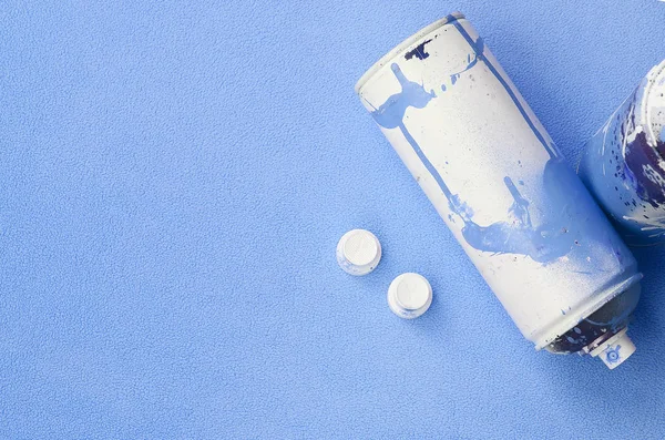 Some Used Blue Aerosol Spray Cans Nozzles Paint Drips Lies — Stock Photo, Image