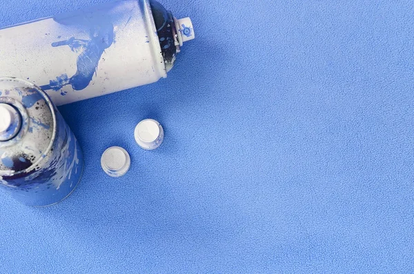 Some Used Blue Aerosol Spray Cans Nozzles Paint Drips Lies — Stock Photo, Image