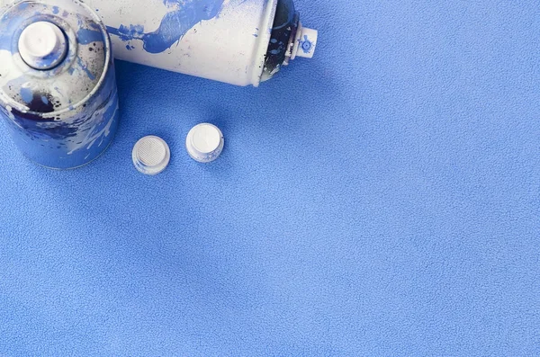 Some Used Blue Aerosol Spray Cans Nozzles Paint Drips Lies — Stock Photo, Image