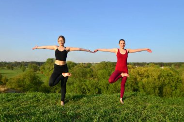 İki genç sarışın kız spor pratik yoga açık havada pitoresk bir yeşil tepenin üzerinde akşam uygun. Spor egzersiz ve sağlıklı yaşam kavramı