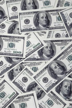 Yüz ABD banknotlar Başkan portreleri ile yığını. Nakit yüz doları kambiyo Doları arka plan görüntüsü yüksek çözünürlüklü
