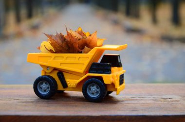 Mevsim sonbahar düşmüş yaprakları hasat kavramı sonbahar park arka planı yapraklarla dolu bir oyuncak sarı kamyon şeklinde tasvir