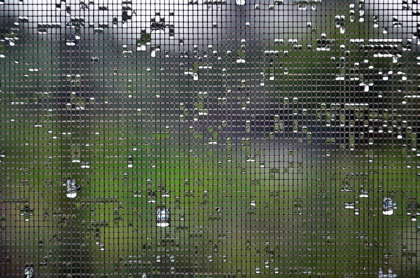 Background Image Rain Drops Glass Window Which Protected Mosquito Net — Stock Photo, Image