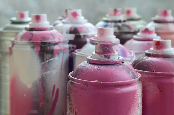 Lot Dirty Used Aerosol Cans Bright Pink Paint Macro Photograph — Stock Photo, Image