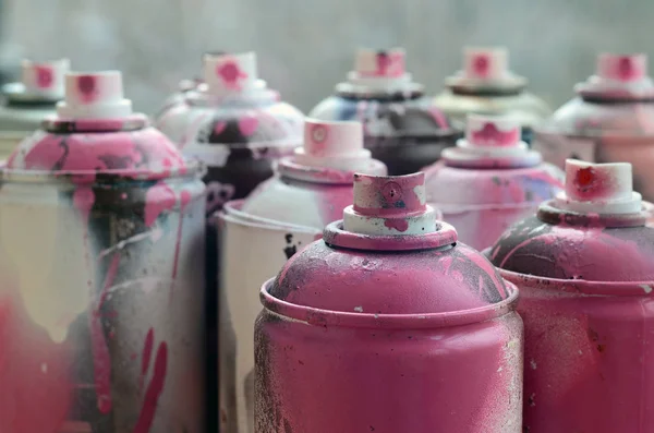 Lot Dirty Used Aerosol Cans Bright Pink Paint Macro Photograph — Stock Photo, Image