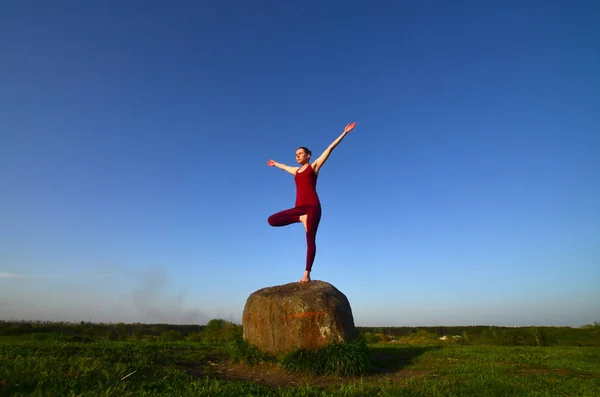 Silhouette Giovane Ragazza Bionda Tuta Sportiva Pratica Yoga Una Pittoresca — Foto Stock