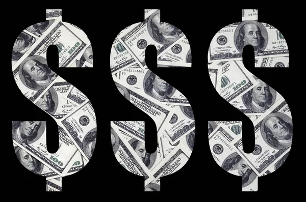 Символ Доллар Черном Фоне Шаблон Набора Разбросанных Долларовых Купюр Заполняющий — стоковое фото