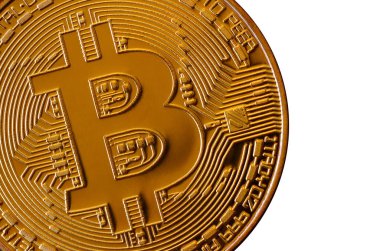 Bitcoin. Fiziksel bit sikke. Dijital para. Cryptocurrency incelemesi kavramı. Beyaz arka plan üzerinde izole bitcoin sembolleri ile altın sikke