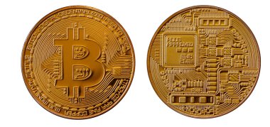 Bitcoins. Fiziksel bit sikke. Dijital para. Cryptocurrency incelemesi kavramı. Beyaz arka plan üzerinde izole bitcoin sembolleri bulunan iki adet sikke