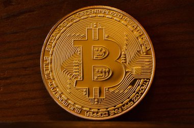 Bir yeni altın fiziksel bitcoin koyu ahşap artalan üzerinde yatıyor, yakın çekim. Yüksek çözünürlüklü fotoğraf. Cryptocurrency incelemesi kavramı