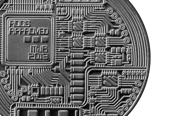 Bitcoin. Physical bit coin. Digital currency. Cryptocurrency mining concept. Silver coin with bitcoin symbols isolated on white background