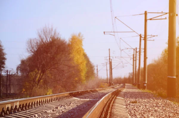 Autumn Industrial Landscape Railway Receding Distance Green Yellow Autumn Trees — Stock Photo, Image