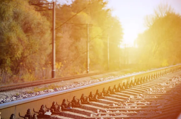 Autumn Industrial Landscape Railway Receding Distance Green Yellow Autumn Trees — Stock Photo, Image