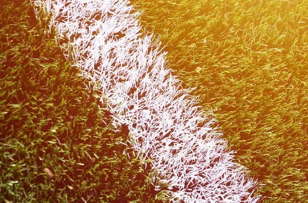 Белая Полоса Ярко Зеленом Искусственном Травяном Футбольном Поле — стоковое фото