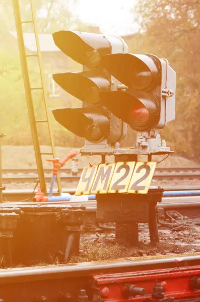 Photo Fragment Railway Track Small Traffic Light Rainy Weather — Stock Photo, Image