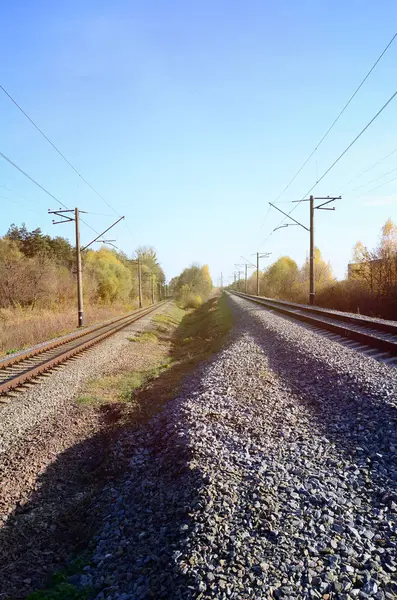 秋の産業景観 緑と黄色の秋の木々 間の距離に後退し鉄道 ロイヤリティフリーのストック画像