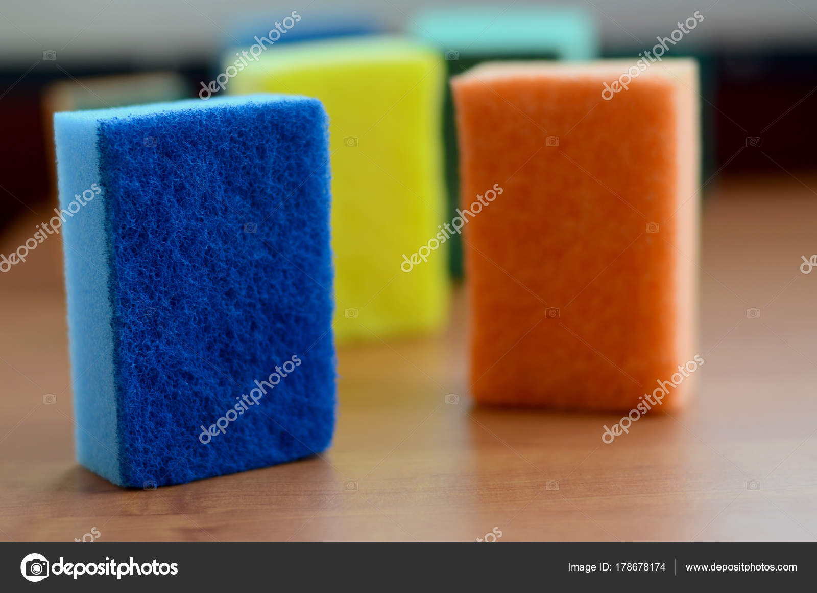 Few Kitchen Sponges Lie Wooden Kitchen Countertop Colorful Objects