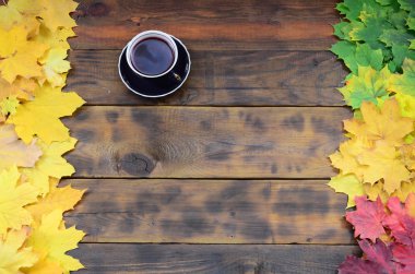 Arka plan koyu kahverengi renk doğal ahşap kurullarında yüzeyinde düşmüş sonbahar sararma kümesi arasında çay yaprakları