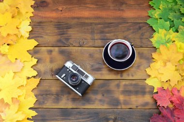 Bir fincan çay ve bir arka plan yüzeyi koyu kahverengi renk doğal ahşap kurulların düşen sonbahar yaprakları sararma kümesi arasında eski bir fotoğraf makinesi