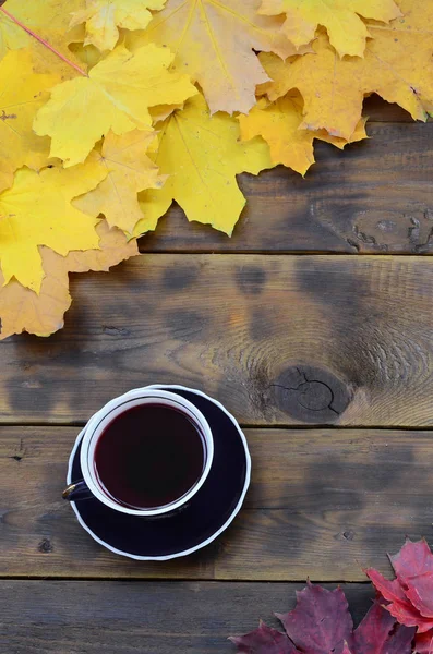 Arka plan koyu kahverengi renk doğal ahşap kurullarında yüzeyinde düşmüş sonbahar sararma kümesi arasında çay yaprakları