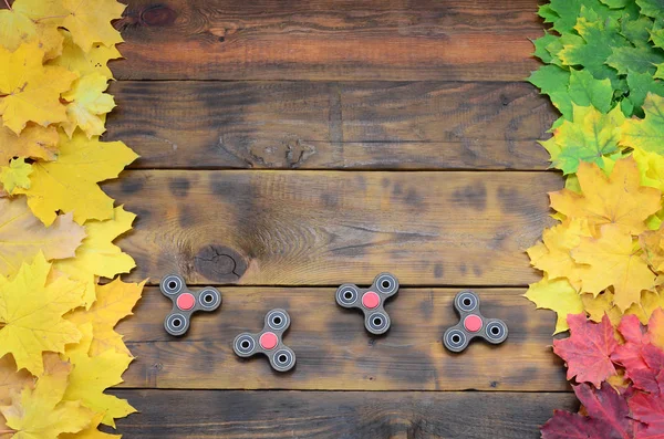 Verschillende Spinners Onder Vele Vergeling Gevallen Herfstbladeren Het Oppervlak Van — Stockfoto
