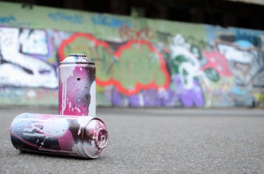 Birkaç kullanılan sprey kutular pembe ve beyaz boya ile renkli grafiti çizimlerinde boyalı duvar arka planı asfalt üzerinde yalan