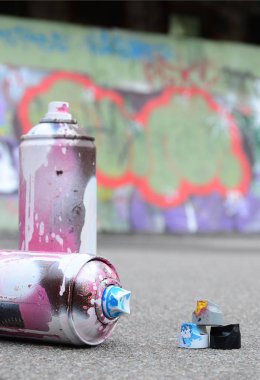 Pembe ve beyaz boya ve baskı altında boya püskürtme için kapaklar ile çeşitli kullanılan sprey kutular renkli grafiti çizimler boyalı duvarın yanında asfalt üzerinde yalan olduğunu