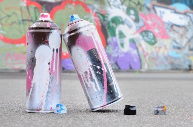 Pembe ve beyaz boya ve baskı altında boya püskürtme için kapaklar ile çeşitli kullanılan sprey kutular renkli grafiti çizimler boyalı duvarın yanında asfalt üzerinde yalan olduğunu