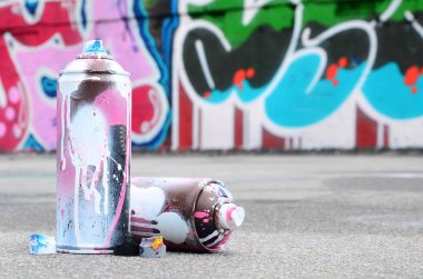 Pembe ve beyaz boya ve baskı altında boya püskürtme için kapaklar ile çeşitli kullanılan sprey kutular renkli grafiti çizimler boyalı duvarın yanında asfalt üzerinde yalan olduğunu