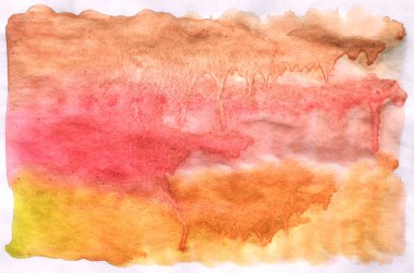 Renkli sarı, turuncu ve kırmızı sulu boya ıslak fırça boya sıvı arka plan duvar kağıdı için. Aquarelle parlak renk soyut el çekilmiş kağıt doku zemin canlı öğesi web, baskı için
