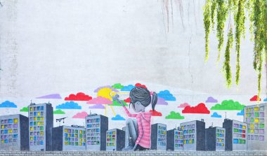 Eski duvar boyalı renkli grafiti sprey boya ile çizim içinde. Gökdelenler bir fırça boya ile bir sürü çizer küçük bir kız resmi