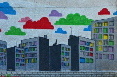 Eski duvar boyalı renkli grafiti sprey boya ile çizim içinde. Çok sayıda gökdelenler ile çok renkli windows görüntüsünü