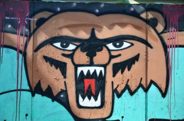 Eski duvar boyalı renkli grafiti sprey boya ile çizim içinde. Bir korkunç ayı yüz resmi