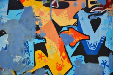 Eski duvar boyalı renkli grafiti çizim mavi sprey boyalar. Duvar yazılarını ve sokak sanat çizim Tema arka plan görüntüsü