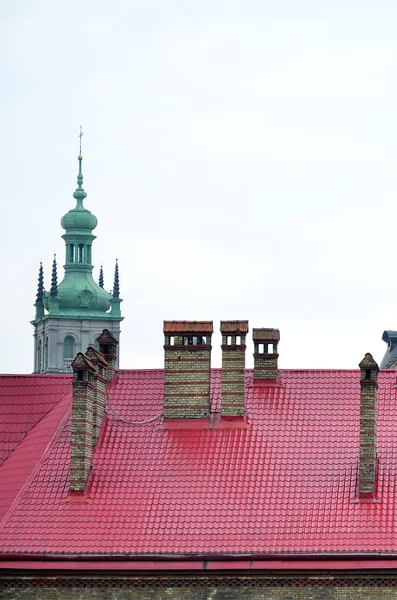 Fragment of a metal roof of the restored old multi-storey building in Lviv, Ukraine