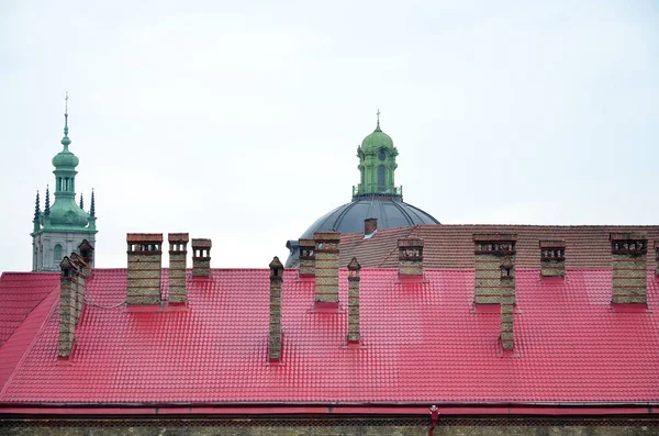 Fragment of a metal roof of the restored old multi-storey building in Lviv, Ukraine