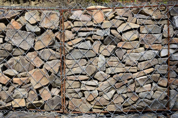 Photo Several Gabions Mesh Cells Cubic Form Filled Mountain Stones — Stock Photo, Image