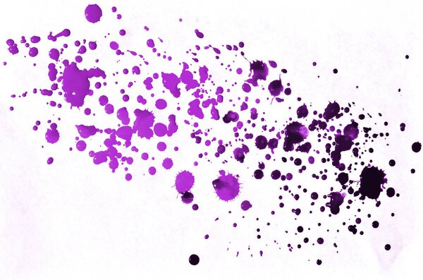 Watercolor background of contrasting spots of bright purple paint. Abstract image painted with watercolor paint on white paper. Scenic art abstraction